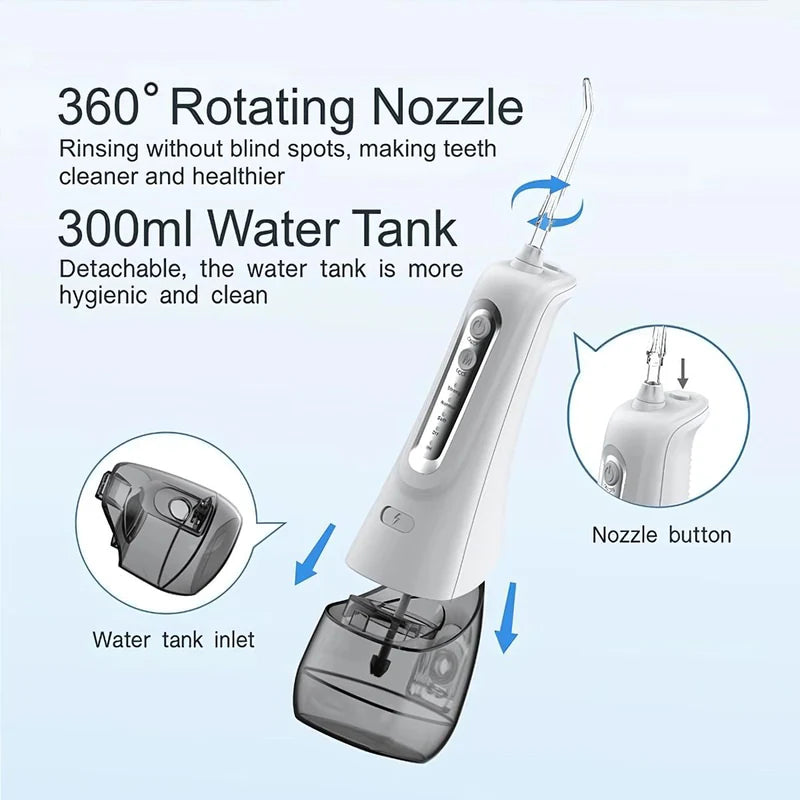 IRRIGADOR BUCAL PORTÁTIL DE 4 MODOS CON TANQUE DE 330 ML Y BOQUILLAS INTERCAMBIABLES. LIMPIEZA PROFU