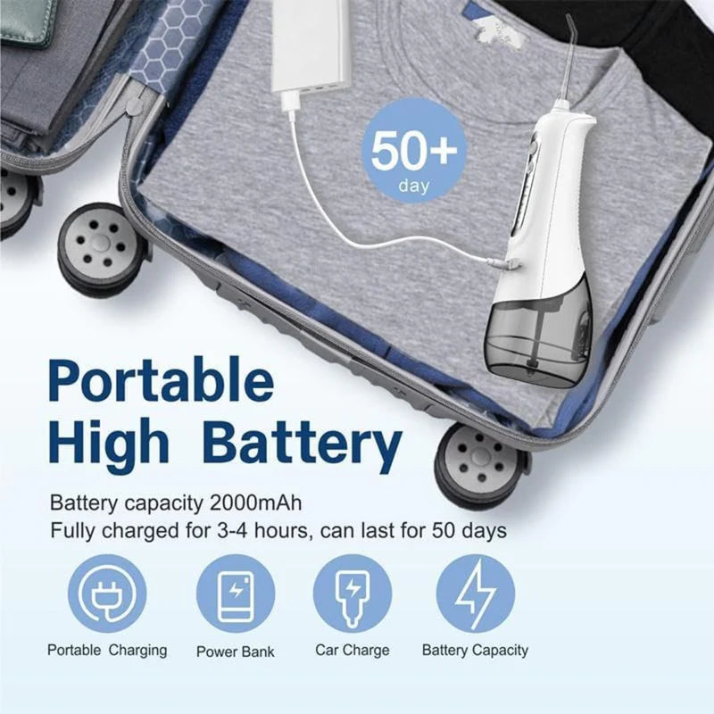 IRRIGADOR BUCAL PORTÁTIL DE 4 MODOS CON TANQUE DE 330 ML Y BOQUILLAS INTERCAMBIABLES. LIMPIEZA PROFU