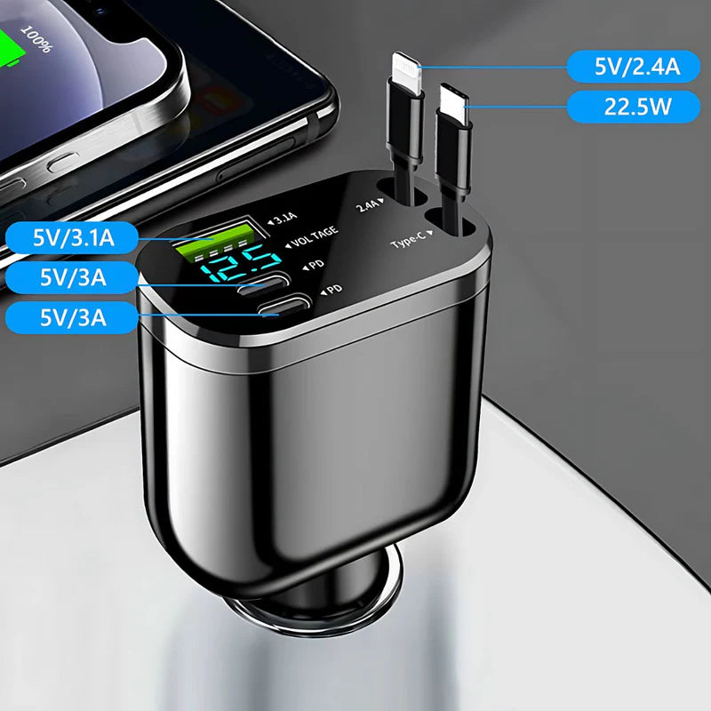 CARGADOR DE AUTO 5-EN-1 CON USB 3.1 Y TIPO C . CARGA RÁPIDA UNIVERSAL PARA CELULARES Y OTROS DISPOSI