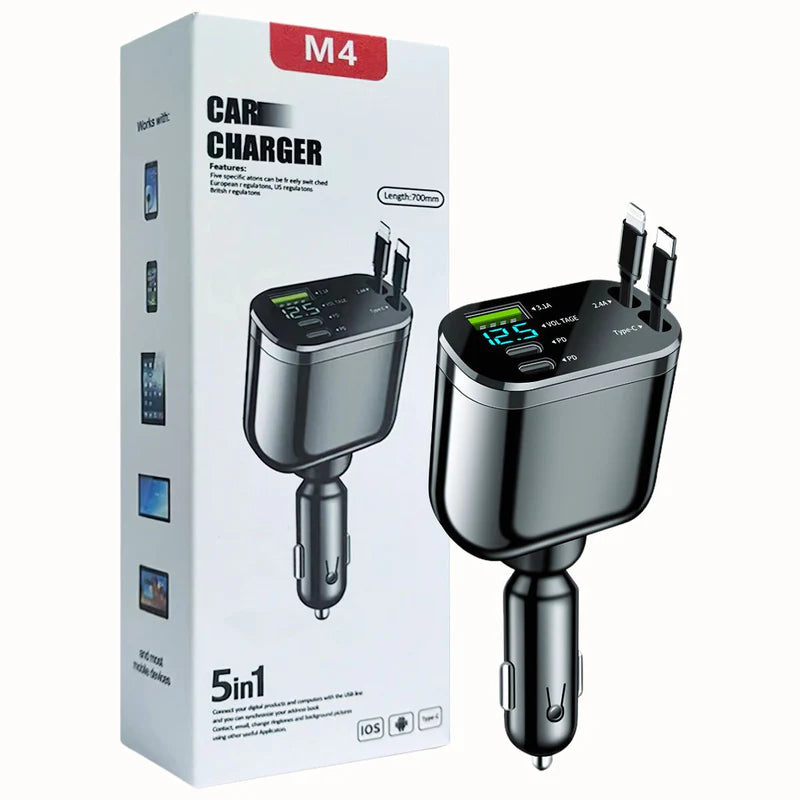 CARGADOR DE AUTO 5-EN-1 CON USB 3.1 Y TIPO C . CARGA RÁPIDA UNIVERSAL PARA CELULARES Y OTROS DISPOSI