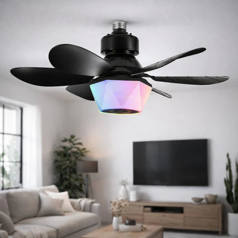 ABANICO DE TECHO 20 CON SOCKET E27, LUZ LED RGB Y 3 TONOS, BOCINA BLUETOOTH. VENTILADOR CON 6 ASPAS