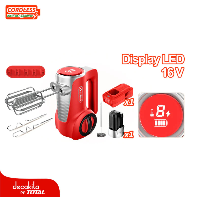 BATIDORA DE MANO INALÁMBRICA ROJA 125W. 16V. 7 VELOCIDADES. INCLUYE BATERÍA Y CARGADOR.
