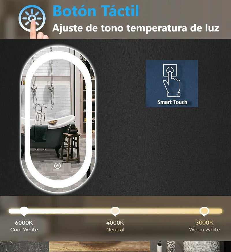 [SKUIMG]GMIRROR17|2.jpg|ESPEJO LED BORDE NEGRO OVALADO 60CM DE ANCHO X 120 CM DE ALTO CON LUZ LED DE 3 TONOS BOTÓN TÁCTIL