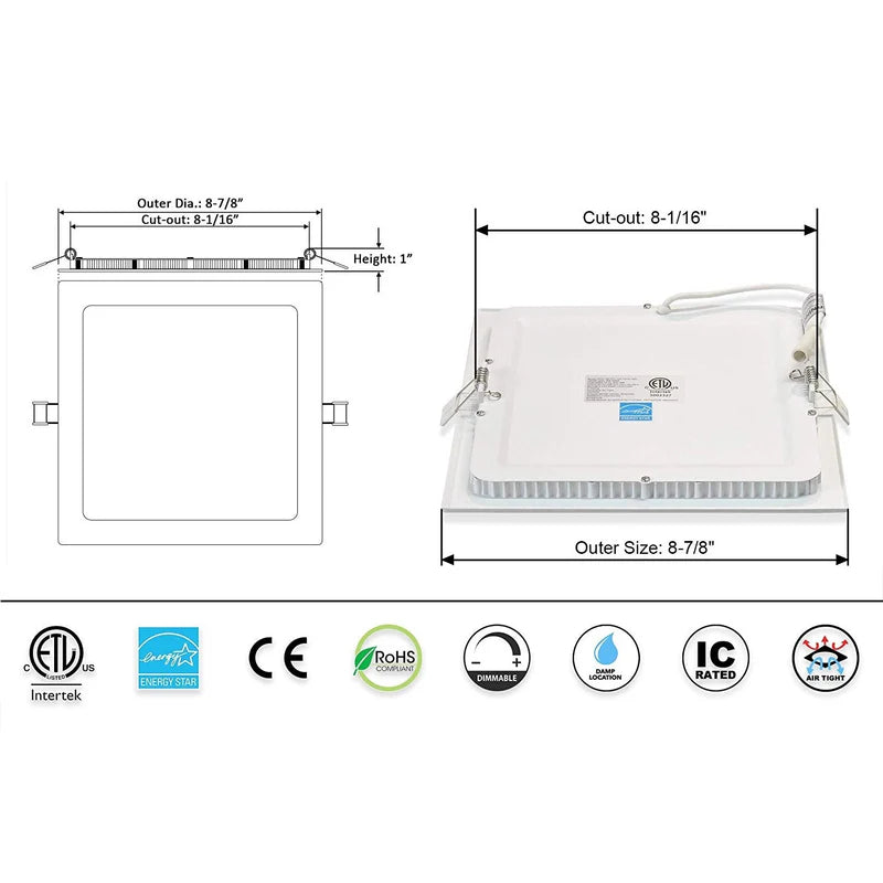 LAMPARA LED EMPOTRABLE CUADRADA. 6 WATT. 120VOLT. 60HZ. LUZ CALIDA (2700K) 450 LUMENS.