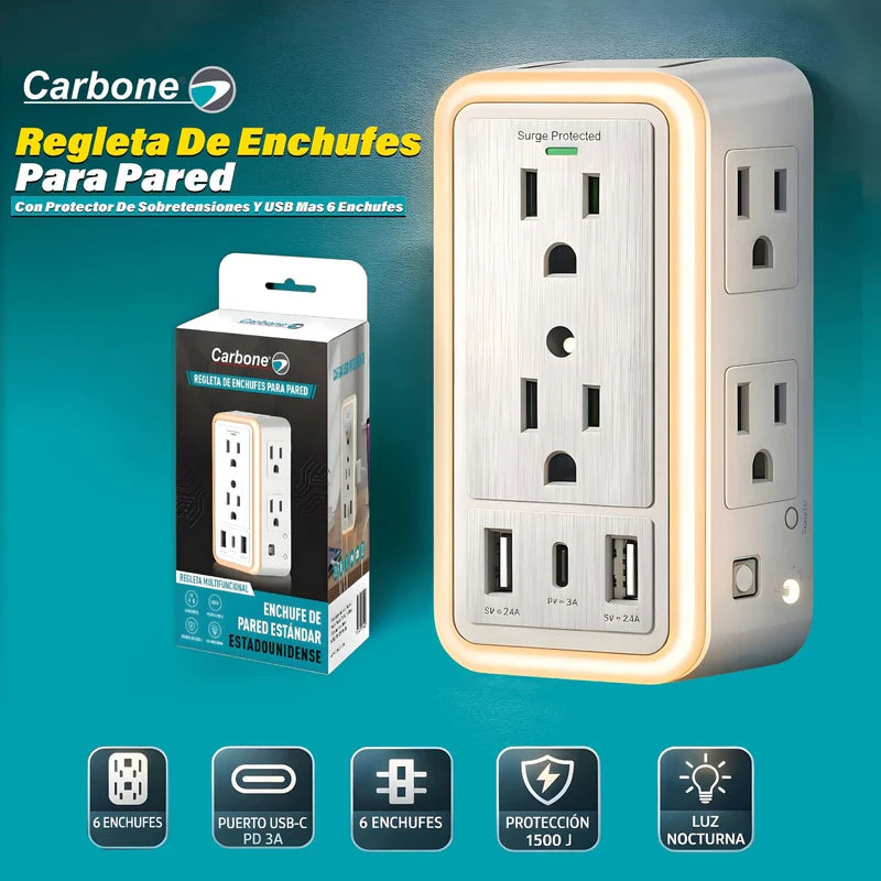 REGLETA DE ENCHUFES PARA PARED CARBONE CON PROTECTOR DE SOBRETENSIONES Y USB MAS 6 ENCHUFES Y LAMPAR