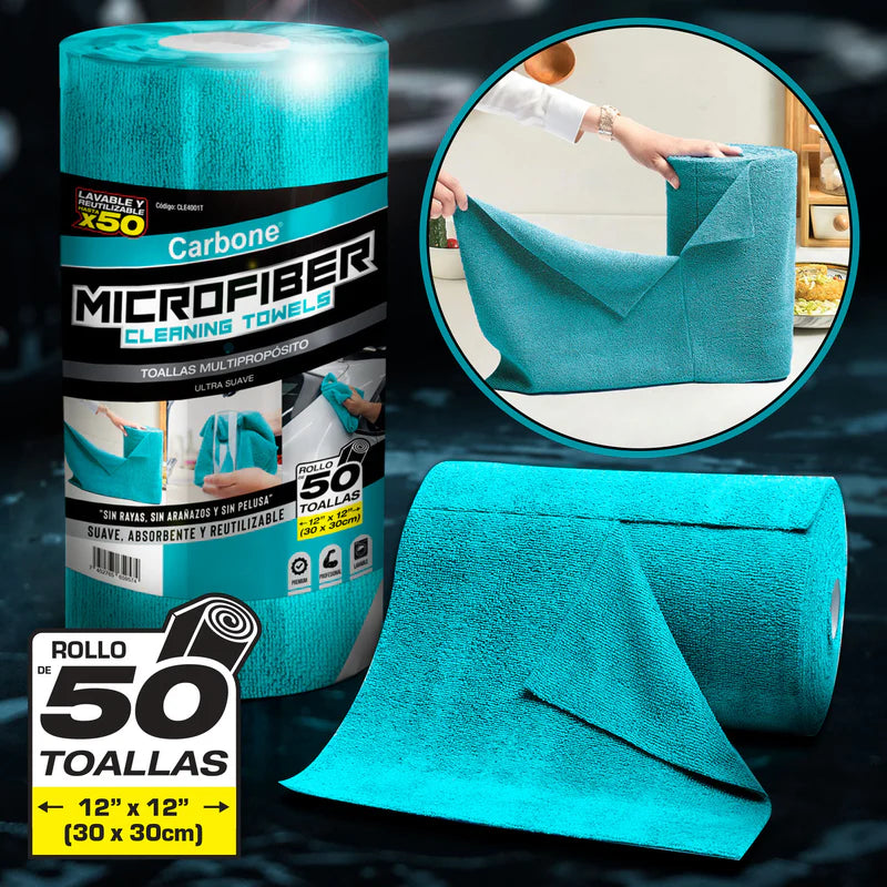 PAÑOS DE MICROFIBRA ROLLO DE 50 UNIDADES TOALLAS 12”X12” (30X30CM). TRAPOS SUPER ABSORBENTES - REUTI