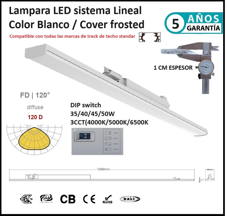 LAMPARA COLGANTE LINEAL COMERCIAL 1.5M BLANCA FROSTED 7000LM DIP 35-50W AJUSTABLE 4000K/5000K/6500K