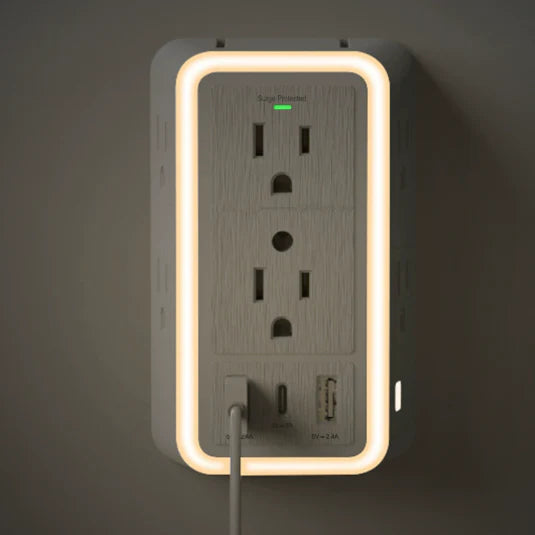 REGLETA DE ENCHUFES PARA PARED CARBONE CON PROTECTOR DE SOBRETENSIONES Y USB MAS 6 ENCHUFES Y LAMPAR