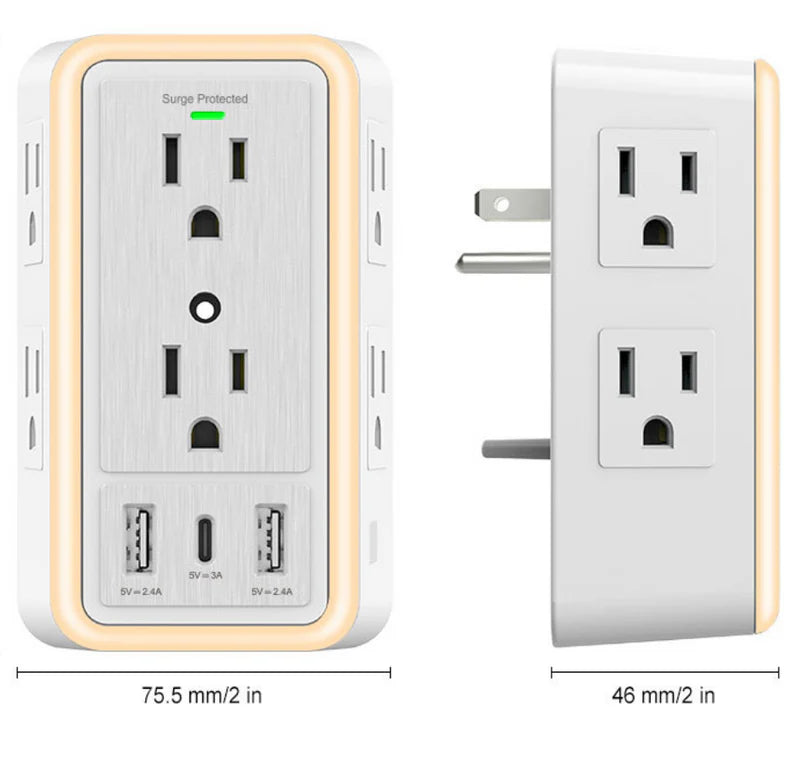 REGLETA DE ENCHUFES PARA PARED CARBONE CON PROTECTOR DE SOBRETENSIONES Y USB MAS 6 ENCHUFES Y LAMPAR