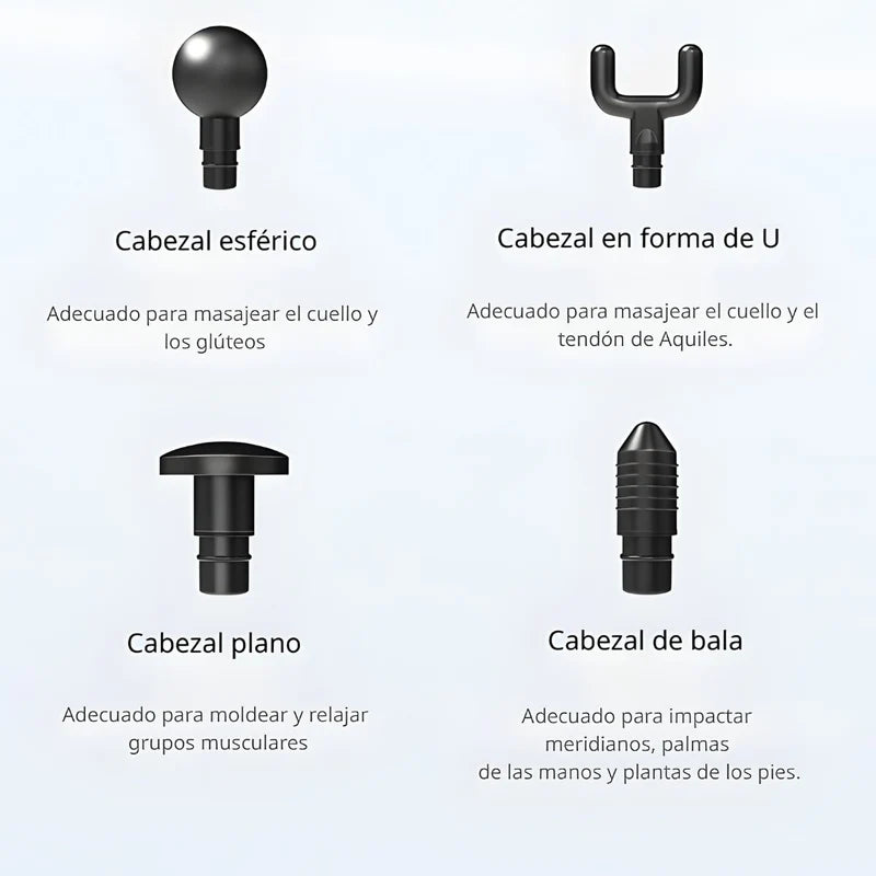 MASAJEADOR PORTÁTIL CON 30 NIVELES. PISTOLA DE MASAJES INALÁMBRICA 60W 12V. INCLUYE 6 CABEZALES.