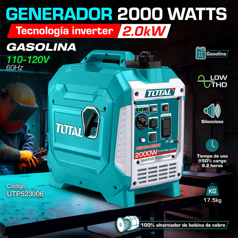 GENERADOR 2000 WATTS 2KW INVERTER DE GASOLINA. 110-120V. TIEMPO DE USO 6.2 HORAS. 17.5KG. COMBUSTIBL