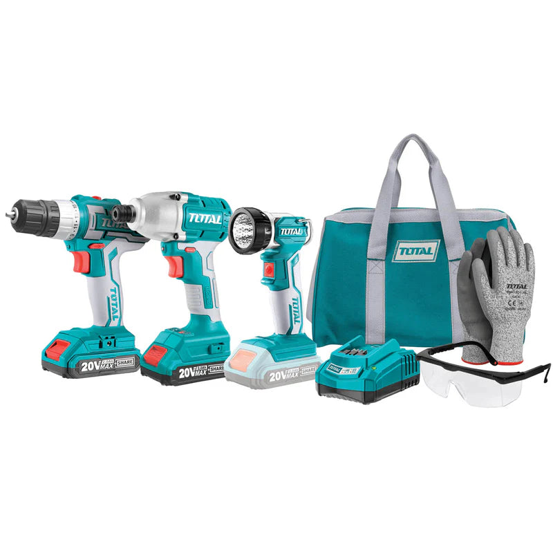 KIT COMBO INALAMBRICO 3 PZAS DE 20V. TALADRO ATORNILLADOR. TALADRO FUNCION DE IMPACTO Y LINTERNA