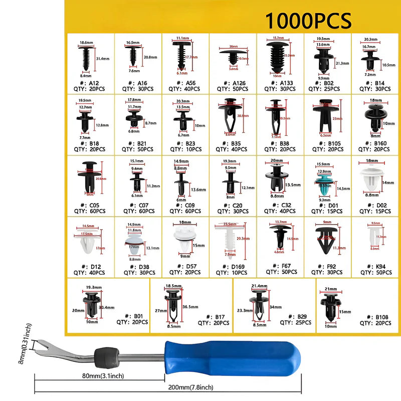 CLIPS DE RETENCIÓN A PRESIÓN AUTOS, SET DE 1100 PIEZAS CON REMOVEDOR, 32 TIPOS DE CLIPS.
