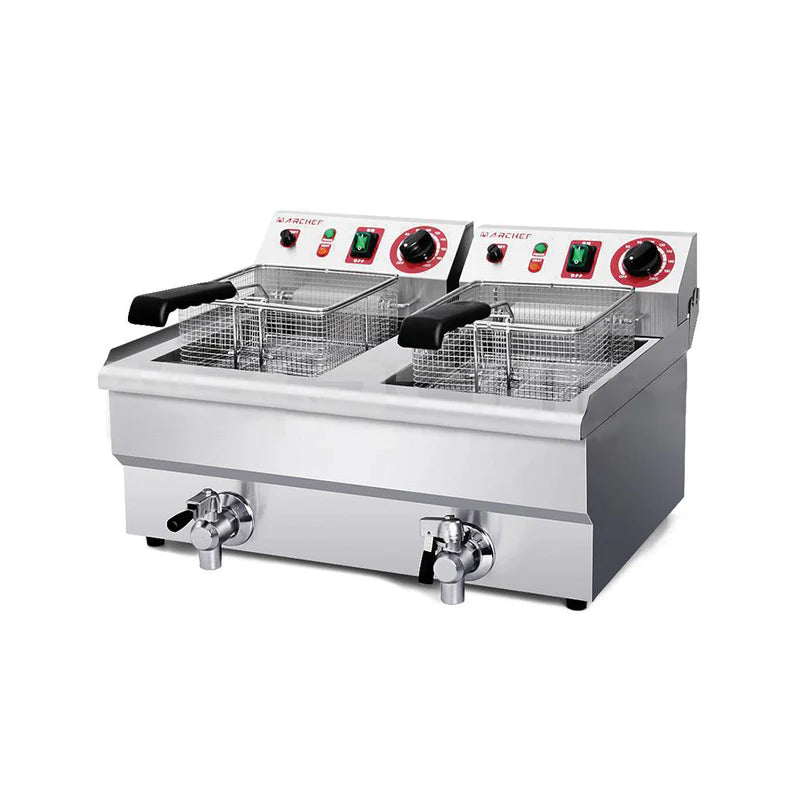 FREIDORA ELECTRICA 10L*2 TANQUES CON VALVULA DE DRENAJE 3KW+3KW 50-200C. 220V