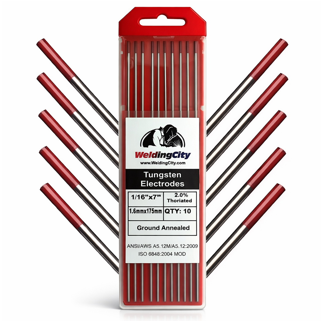 [SKUIMG]BAM393|BAM393.png|Tungstenos Rojos Thoriados 1.6 Mm (1/16") Para Soldadura Tig Al 2.0 % WT20 175Mm. (Paquete De 10 Pcs)