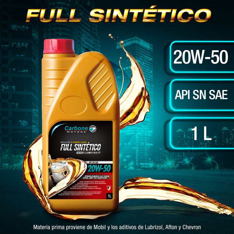 [SKUIMG]CAR-X111|ACEITE DE MOTOR 20W-50 API SN SAE FULL SINTETICO PARA CARROS MOTORES A GASOLINA ( 1 LT )