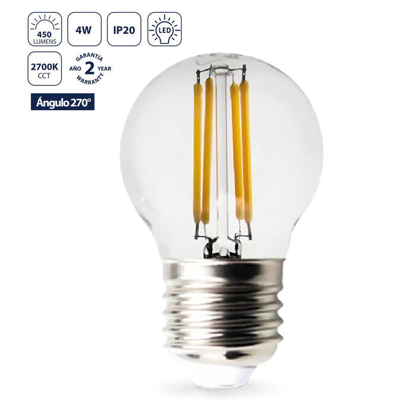 [SKUIMG]CL014-BFG45-01-4W-27K-Z|BOMBILLO FILAMENTO LED G45 E27 4W 2700K - LUZ CALIDA CRI>80, ENCENDIDO INMEDIATO, 450 LM,TRANSPARENT
