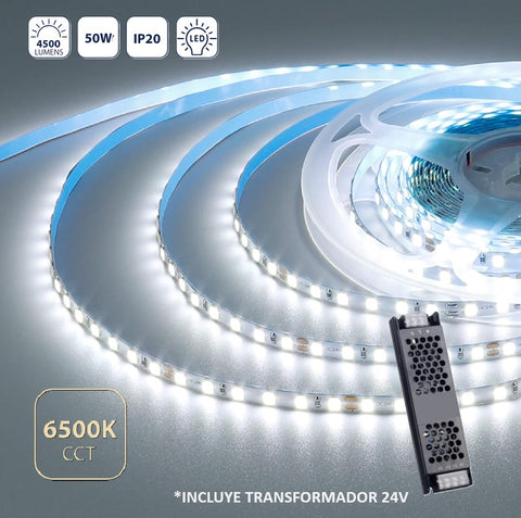 [SKUIMG]CL036-LES-01-24V65K-Z|CL036-LES-01-24V65K-Z.jpg|CINTA LED INTERIOR 5M 24V 6005K, 4500LM, CHIP 2835, 50W, FLEXIBLE Y RECORTABLE. TIRA LED