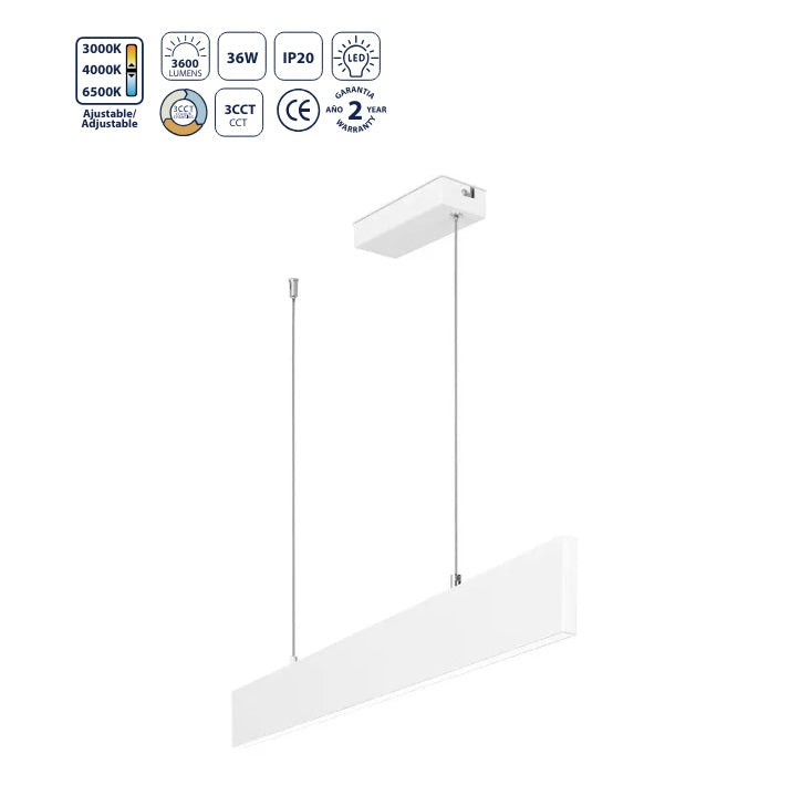 LµMPARA COLGANTE LINEAL LED BLANCA 36W CCT - 3600 LM, TEMPERATURA AJUSTABLE. LµMPARA DE TECHO LINEAL