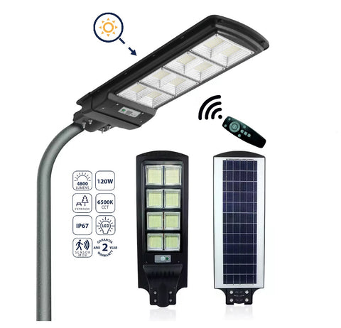 [SKUIMG]CL042-SOL-01-120W-65K-Z|CL042-SOL-01-120W-65K-Z.jpg|LÁMPARA SOLAR LED 120W DE CALLE 4800LM 6500K FRÍA, SENSOR MOVIMIENTO, SOSTENIBLE. LUMINARIA