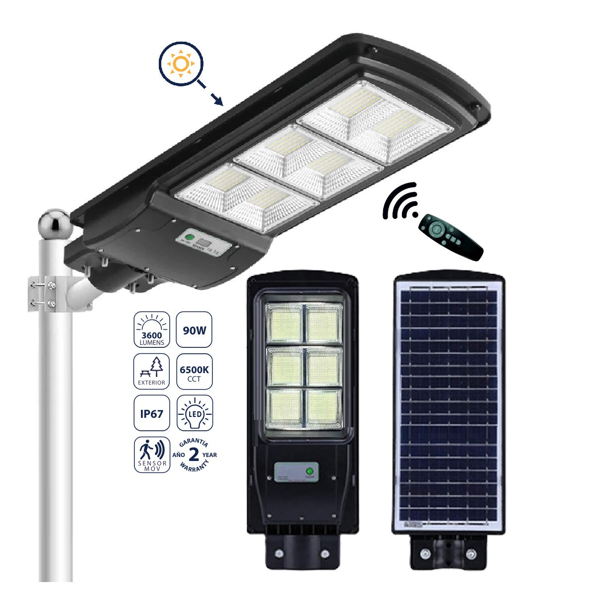 [SKUIMG]CL045-SOL-01-90W-65K-Z|LÁMPARA SOLAR LED DE CALLE 90W, 3600 LM, 6500K FRÍA. SENSOR DE MOVIMIENTO. EFICIENCIA EN EXTERIORES.