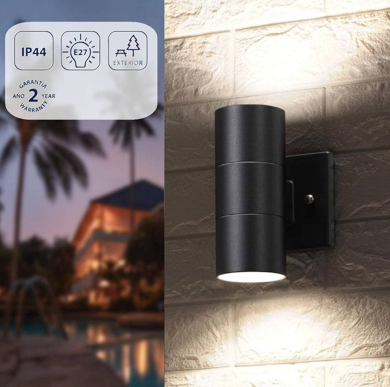 [SKUIMG]CL054-OTD-34-WBK-Z|CL054-OTD-34-WBK-Z.jpg|LAMPARA DE PARED EXTERIOR 26 CM NEGRA 2XE27 PAR30 ILUMINACION FUNCIONAL Y DECORATIVA. LUMINARIA