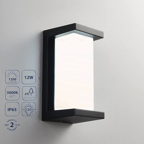 [SKUIMG]CL057-OTD-36-WBK12W-30K-Z|CL057-OTD-36-WBK12W-30K-Z.jpg|LAMPARA DE PARED EXTERIOR 26 CM LED NEGRA 12W 30K ILUMINACION CALIDA. LUMINARIA
