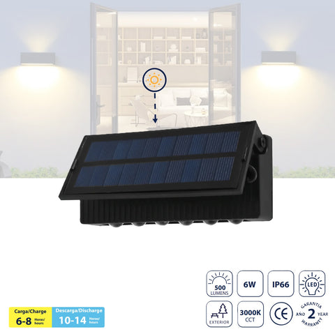 [SKUIMG]CL078-SOL-12-6W-30K-Z|CL078-SOL-12-6W-30K-Z.jpg|LAMPARA DE PARED SOLAR LED 6W 3000K 500LM BATERIA 1500MAH .CARGA RAPIDA. LUZ SOLAR PARA EXTERIORES.