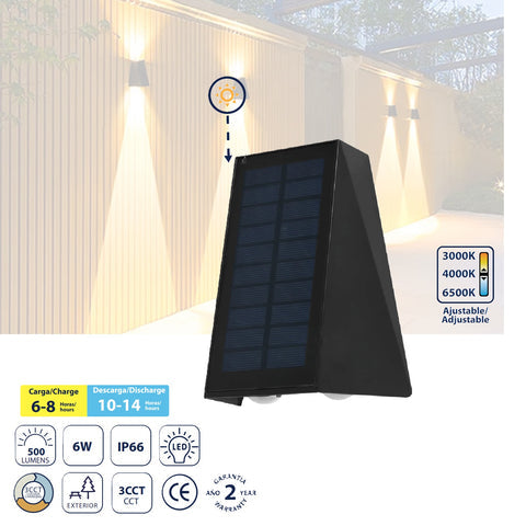 [SKUIMG]CL080-SOL-16-6W-CCT-Z|LAMPARA DE PARED SOLAR LED 6W 500LM, 3000K ,4000K, 6500K, 160X120X85MM. BATERIA 3.7V/1500MAH. LUZ SO