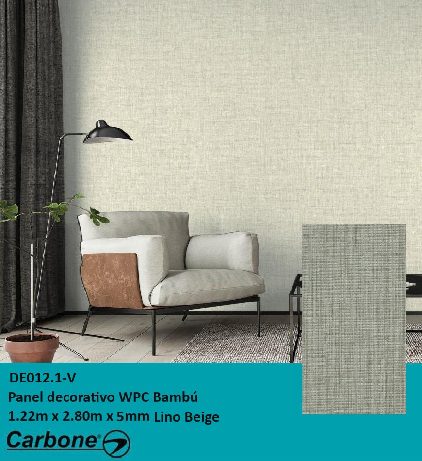 [SKUIMG]DE012.1-V|DE012.1-V.jpg|PANEL DECORATIVO WPC BAMBU 1.22 M X 2.80 M X 5 MM TELA LINO BEIGE