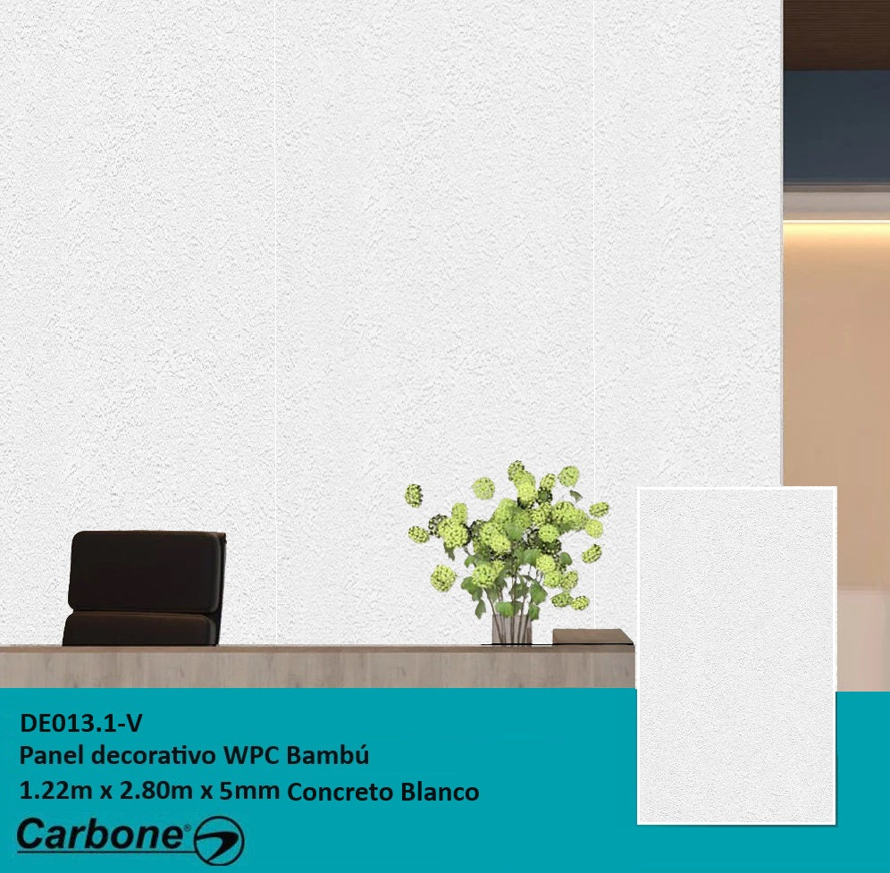[SKUIMG]DE013.1-V|DE013.1-V.jpg|PANEL DECORATIVO WPC BAMBU 1.22 M X 2.80 M X 5 MM CONCRETO BLANCO