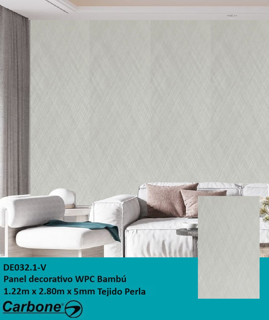 [SKUIMG]DE032.1-V|DE032.1-V.jpg|PANEL DECORATIVO WPC BAMBU 1.22 M X 2.80 M X 5 MM TELA TEJIDO PERLA