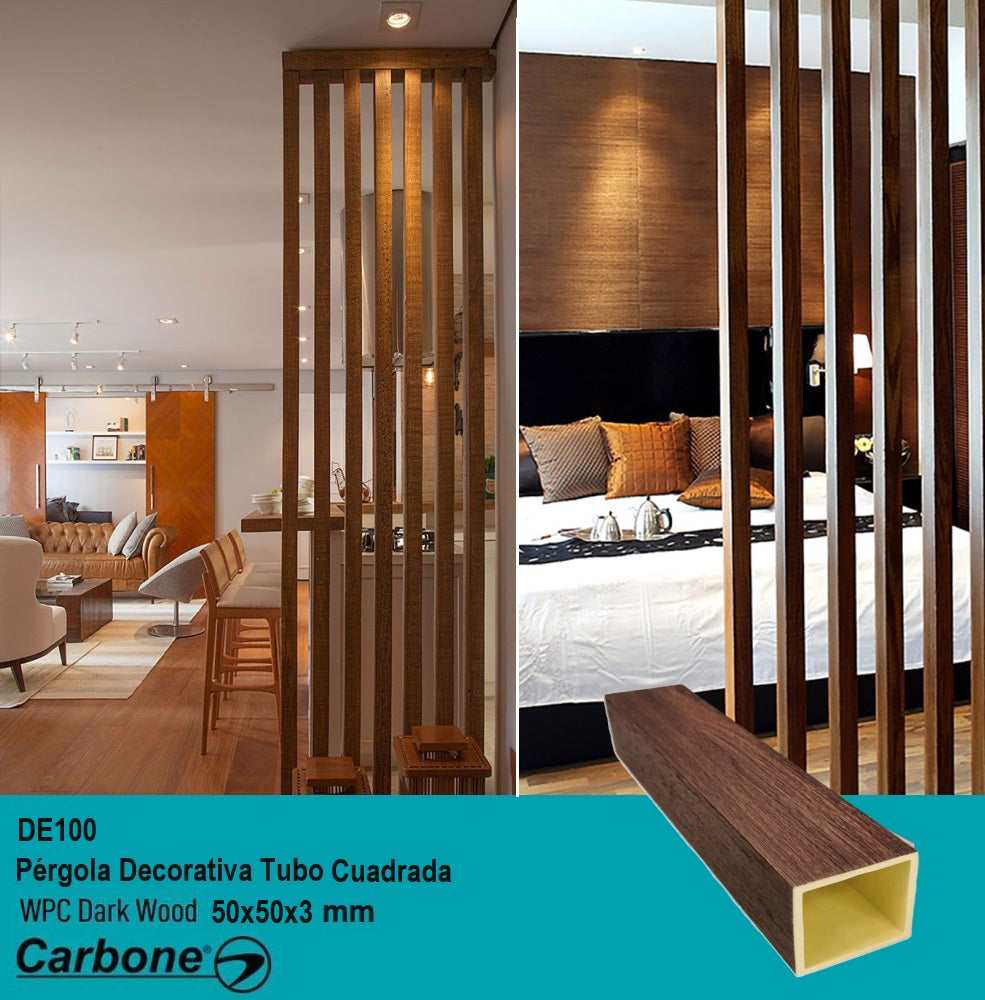 [SKUIMG]DE100|DE100.jpg|PÉRGOLA DECORATIVA TUBO WPC DARK WOOD CUADRADO 50X50X2900MM