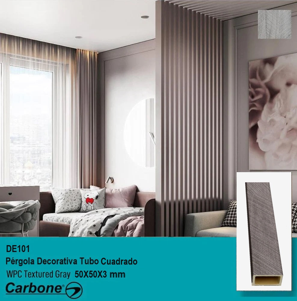 [SKUIMG]DE101|DE101.jpg|PERGOLA DECORATIVA TUBO WPC 2"X2" TEXTURED GREY CUADRADO 50X50X2900MM