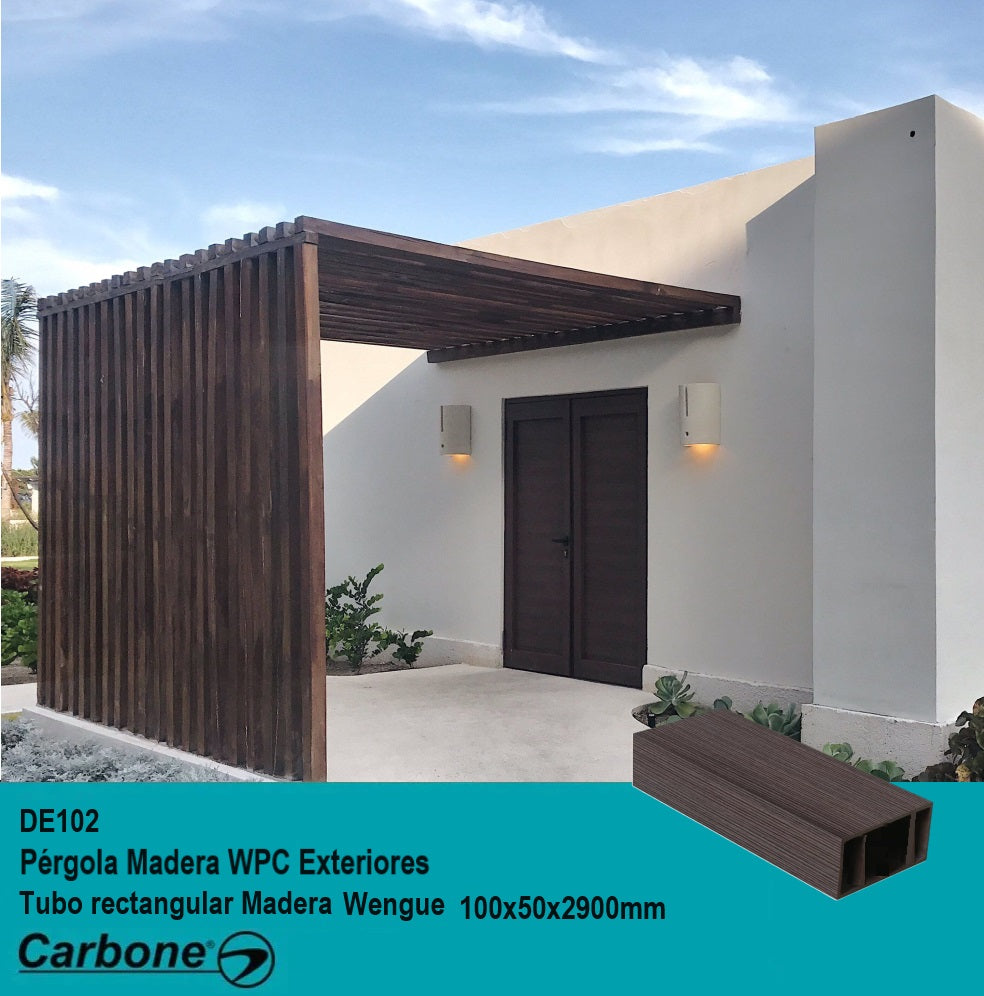 [SKUIMG]DE102|DE102.jpg|PÉRGOLA WPC TUBO RECTANGULAR MADERA WENGUE EXTERIORES 100X50X2900MM