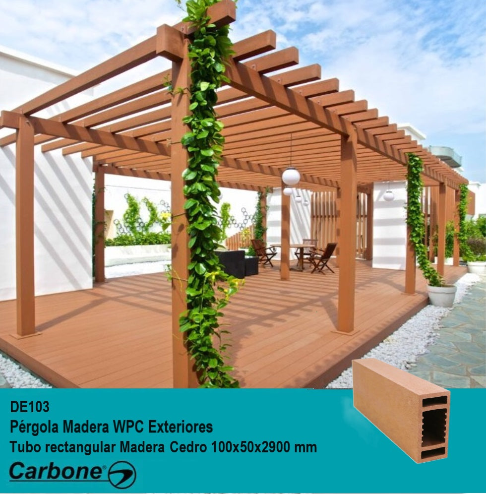 [SKUIMG]DE103|DE103.jpg|PÉRGOLA WPC TUBO RECTANGULAR ACABADO MADERA CEDRO EXTERIORES 100X50X2900MM