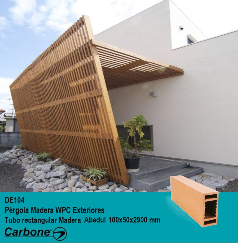 [SKUIMG]DE104|DE104.jpg|PERGOLA WPC TUBO RECTANGULAR 4"X2" ACABADO MADERA ABEDUL EXTERIORES 100X50X2900MM