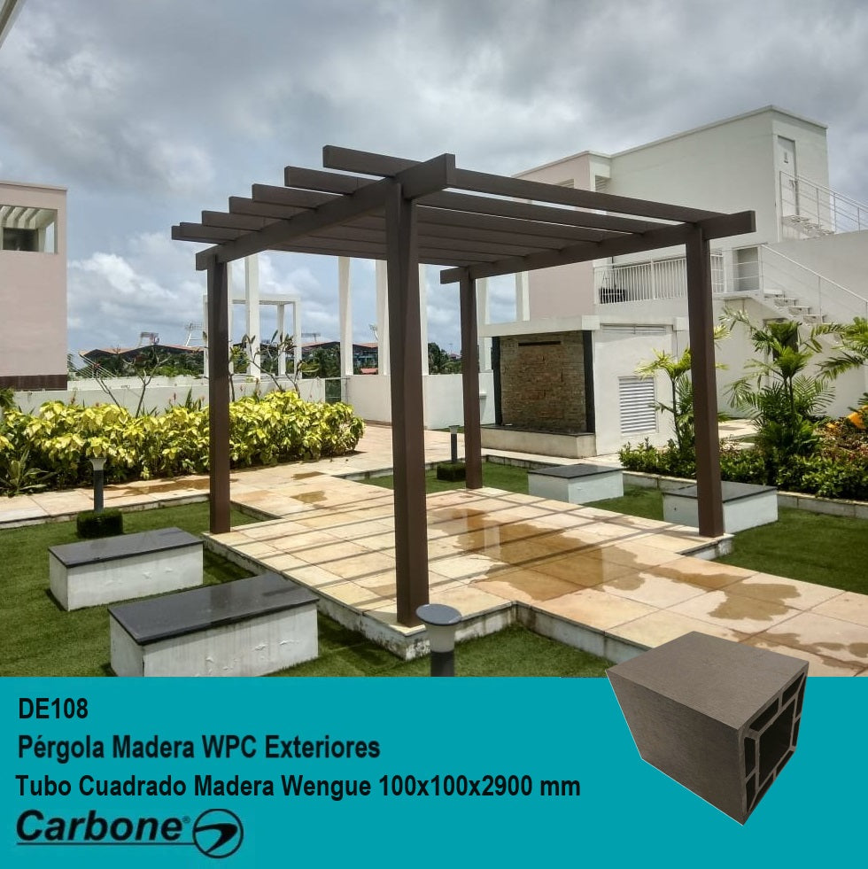 [SKUIMG]DE108|DE108.jpg|PÉRGOLA WPC TUBO CUADRADO GRANDE MADERA WENGUE EXTERIORES 100X100X2900MM