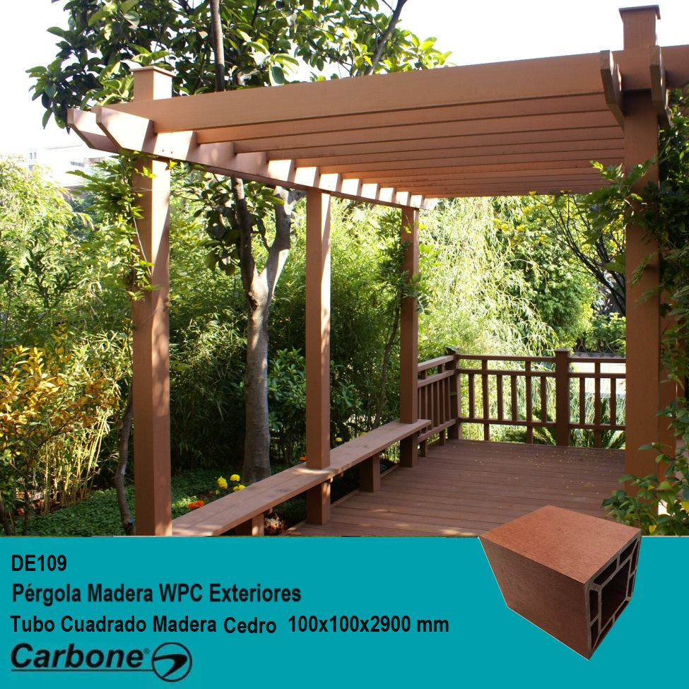 [SKUIMG]DE109|DE109.jpg|PERGOLA WPC TUBO CUADRADO 4" GRANDE ACABADO MADERA CEDRO EXTERIORES 100X100X2900MM