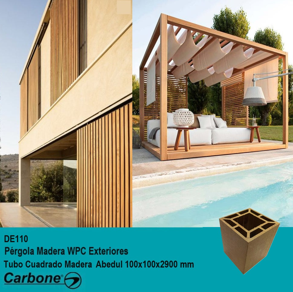 [SKUIMG]DE110|DE110.jpg|PERGOLA WPC TUBO CUADRADO 4" GRANDE ACABADO MADERA ABEDUL EXTERIORES 100X100X2900MM