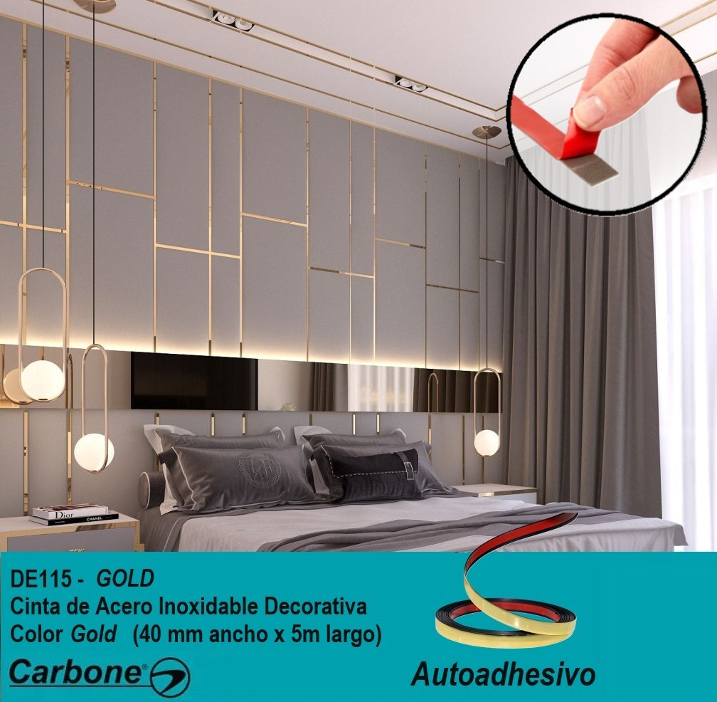 [SKUIMG]DE115-GOLD|CINTA DE ACERO INOXIDABLE GOLD BRILLANTE TIRA AUTOADHESIVA DECORATIVA