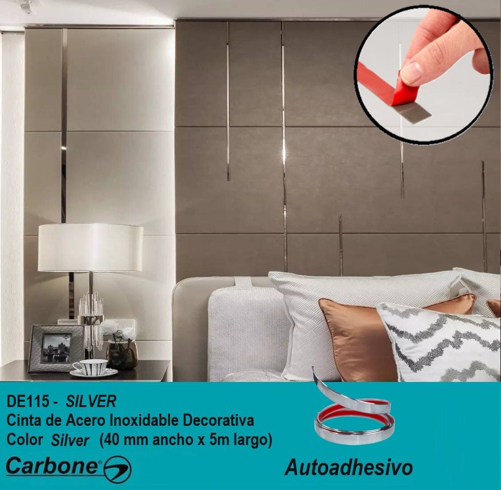 [SKUIMG]DE115-SILVER|CINTA DE ACERO INOXIDABLE SILVER BRILLANTE TIRA AUTOADHESIVA DECORATIV