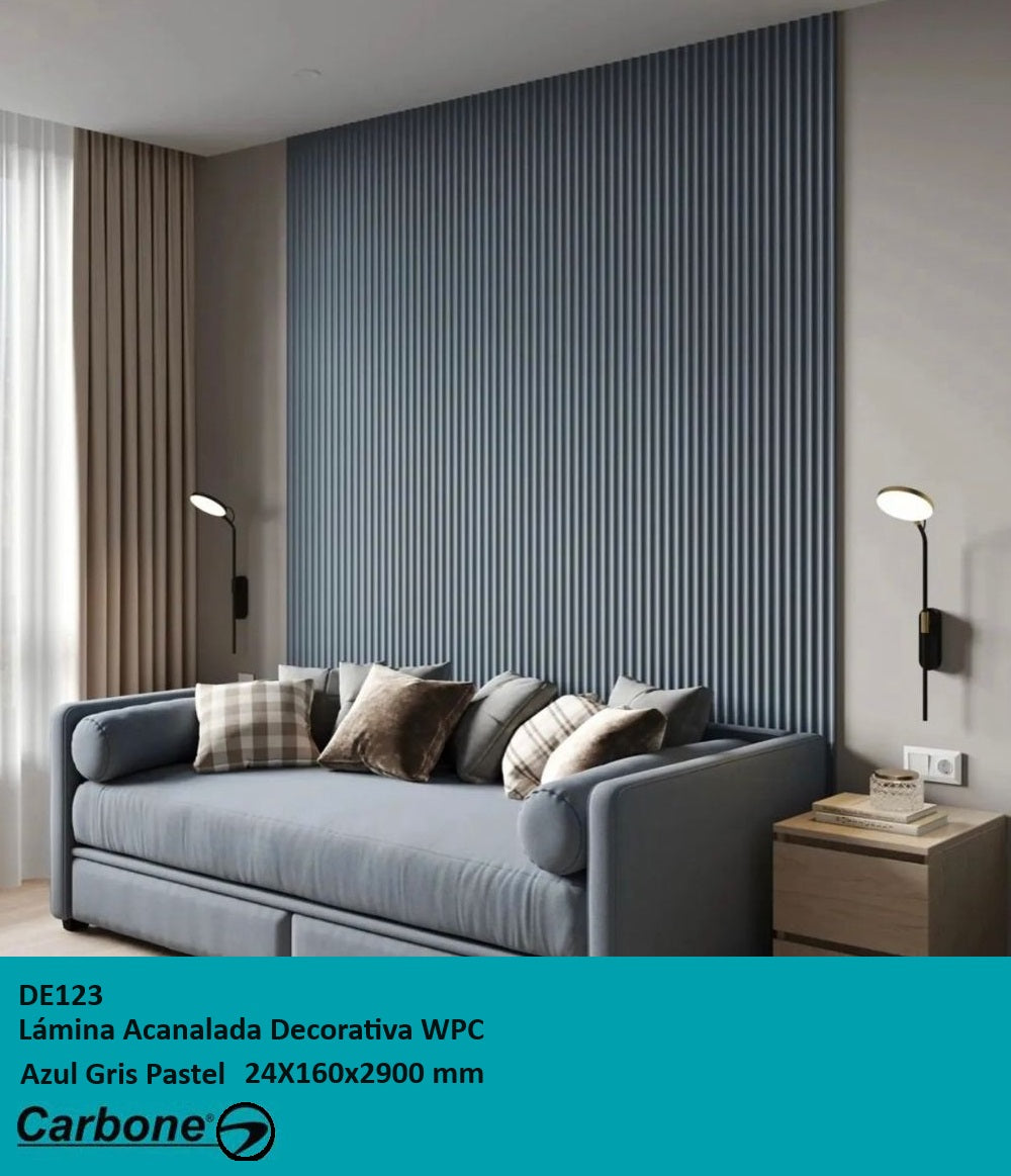 LAMINA ACANALADA DECORATIVA WPC AZUL GRIS PASTEL 24X160X2900 MM