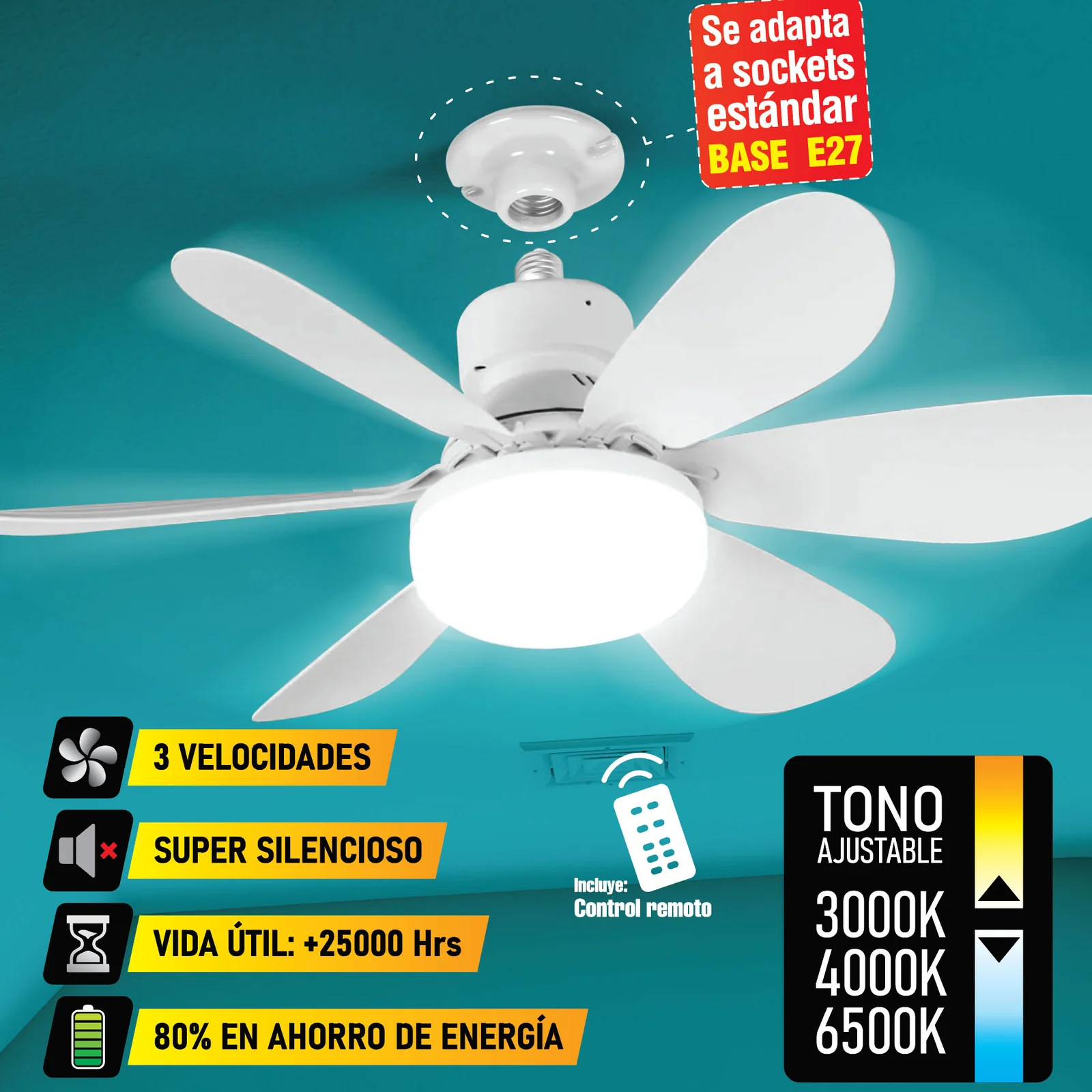 [SKUIMG]ELT0387|ELT0387-FRONTEND-7irkswzLemnWOfsM.jpg|ABANICO DE TECHO 20" SOCKET E27 CON LUZ LED TONO AJUSTABLE 3000/4000/6500K, 1900 LUMENS 6 ASPAS 3 CC