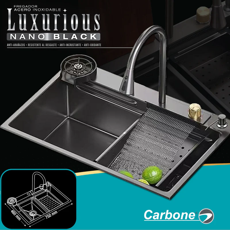 [SKUIMG]IBK-02|IBK-02-FRONTEND-FW_2yBGsPCR1TUfV.png|FREGADOR DE COCINA SENCILLO CON ACCESORIOS 750X460X220MM NEGRO PLOMO FREGADORES TINAS DE COCINA