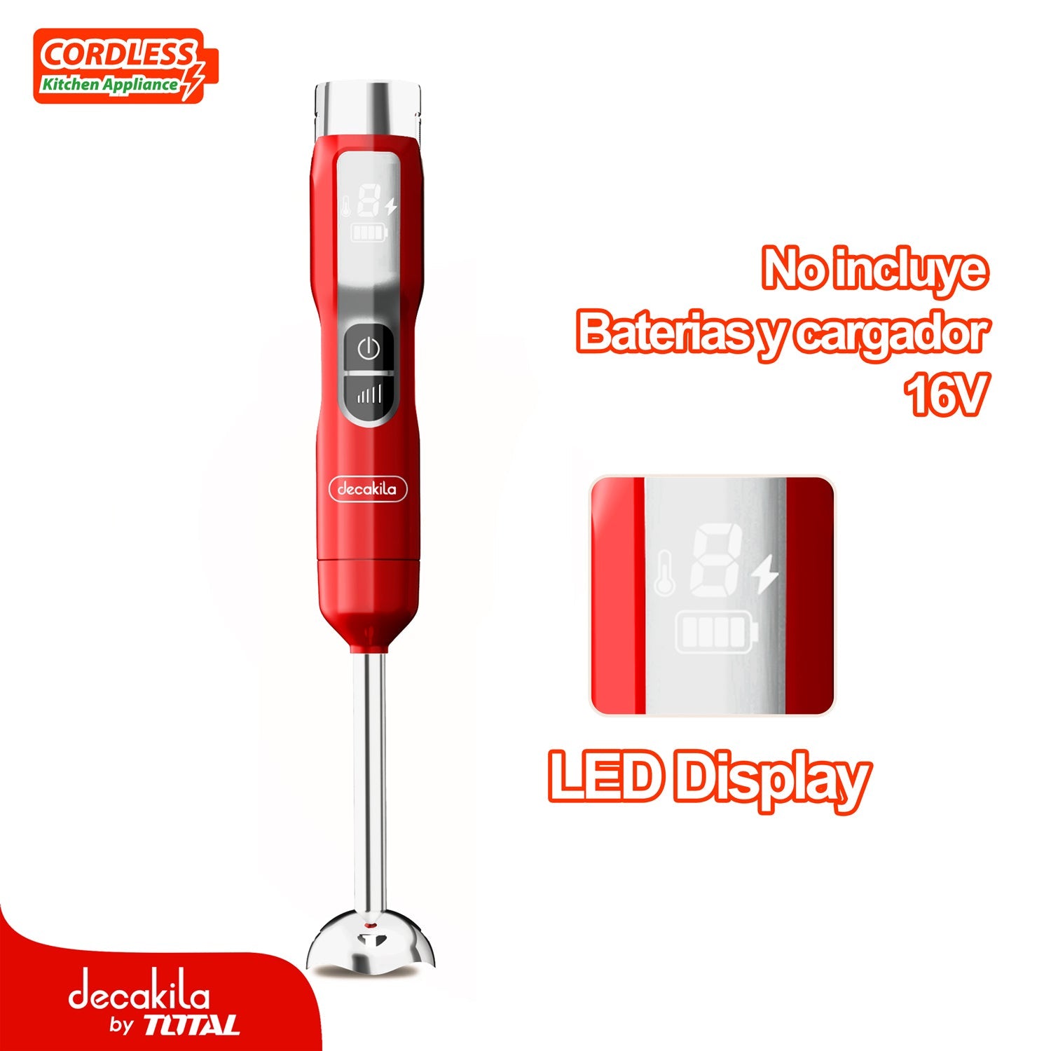 BATIDORA DE MANO INALAMBRICA ROJA 100W. 16V. IDEAL PARA MEZCLAS JUGO O SALSA. BATERIA Y CARGADOR POR