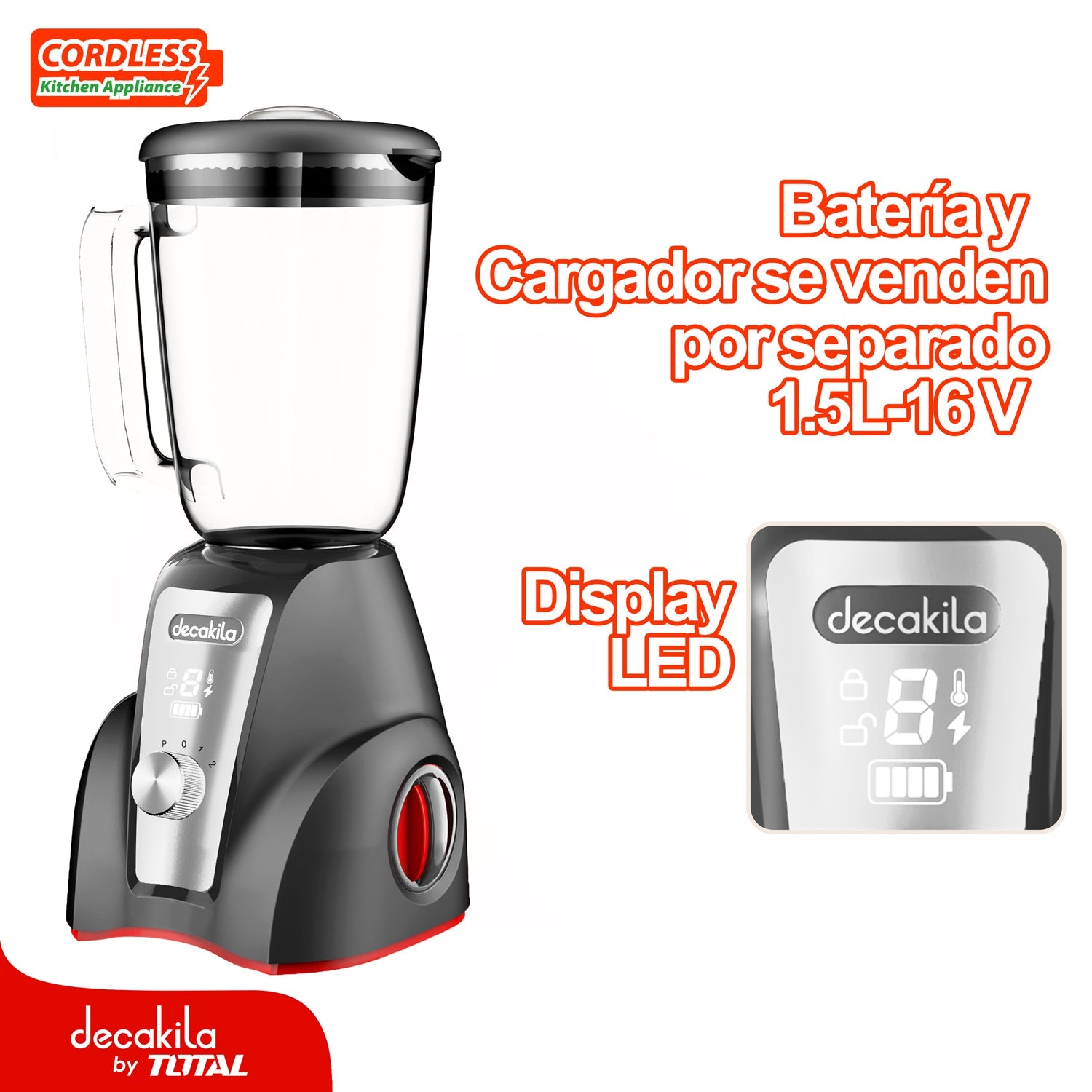 LICUADORA INALAMBRICA GRIS 1.5L 300W 16V 2 VELOCIDADES. BATERIA Y CARGADOR POR SEPARADO.
