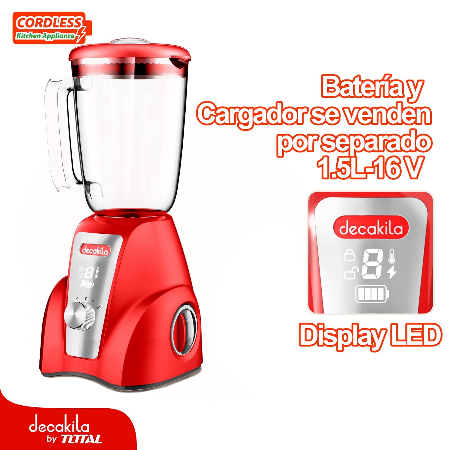 LICUADORA INALAMBRICA ROJA 1.5L 300W 16V 2 VELOCIDADES. BATERIA Y CARGADOR POR SEPARADO.