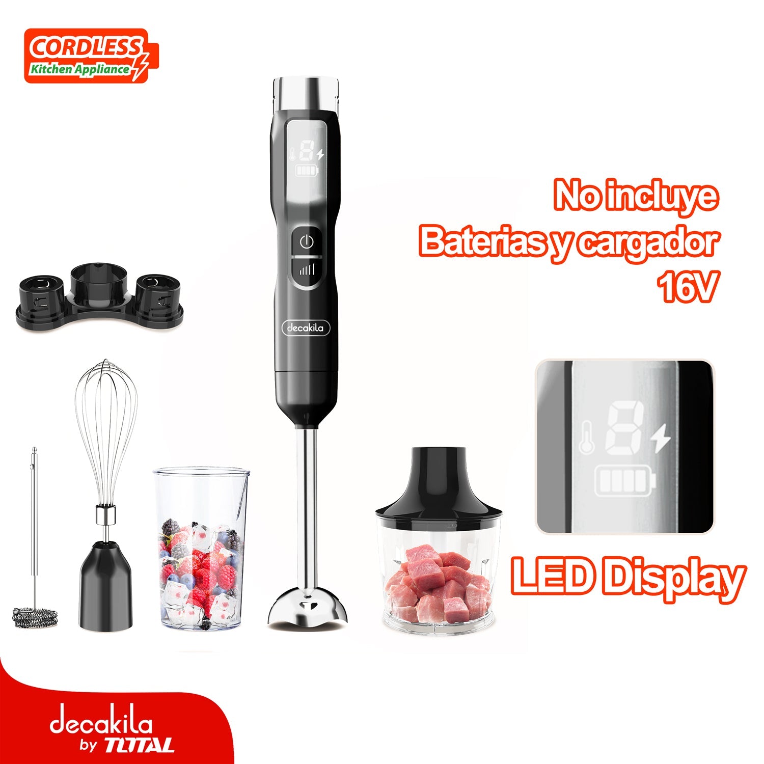 BATIDORA DE MANO INALAMBRICA GRIS 100W. 16V. SET 5 EN 1. IDEAL PARA MEZCLAS JUGO Y SALSA. BATERIA Y