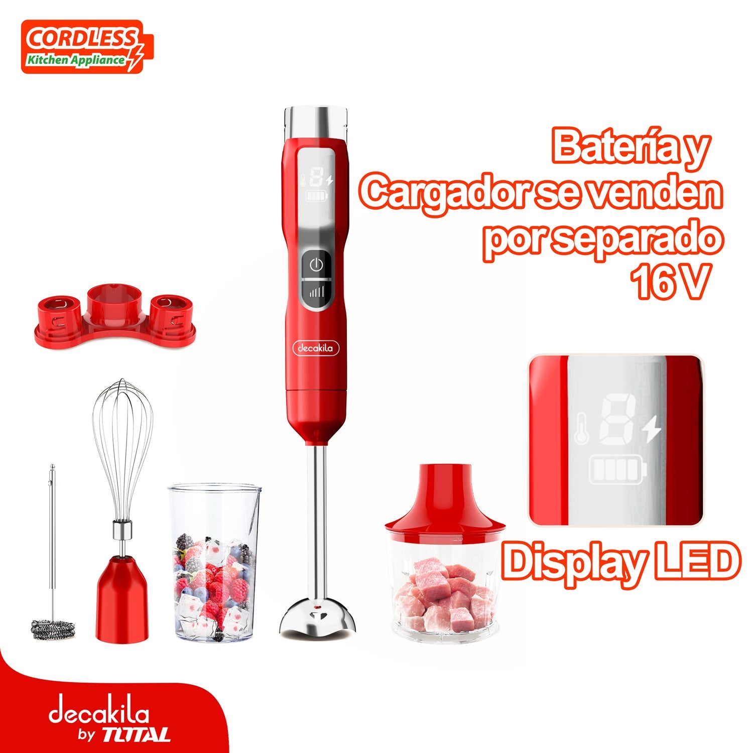 [SKUIMG]KMJB055R|KMJB055R.jpg|BATIDORA DE MANO INALAMBRICA ROJA 100W. 16V. SET 5 EN 1. IDEAL PARA MEZCLAS JUGO Y SALSA. BATERIA Y